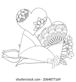 Spring flowers, envelope and stylized hearts with floral pattern. Decorative element on a white background. Anti-stress coloring book for children and adults