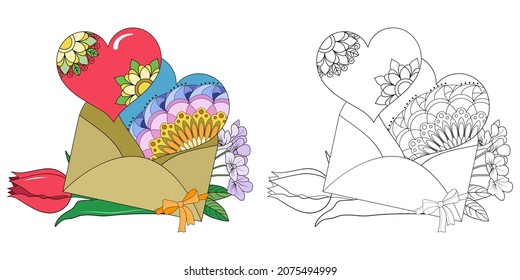 Spring flowers, envelope and stylized hearts with floral pattern. Decorative element on a white background. Anti-stress coloring book for children and adults