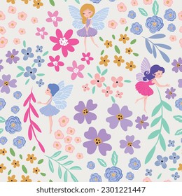 Spring flowers and fairies seamless pattern design for kids fashion artwork, children books, paper, prints, greeting cards, wallpapers.