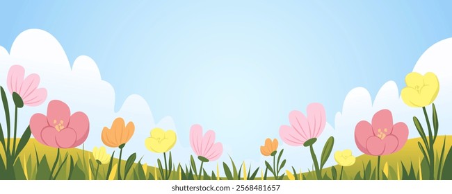 Spring flowers in the field. Beautiful spring landscape with beautiful spring flowers, green lush grass and blue sky with clouds. Vector illustration for poster, banner, card, print or design.