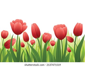 Spring flowers flat composition with green floral stalks with leaves and red buds on blank background vector illustration