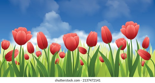 Spring Flowers Flat Composition With Outdoor Scenery And Clear Sky With Wild Growing Blossoms Of Tulips Vector Illustration