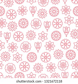 Spring flowers flat line seamless pattern - narcissus, crocus, flax. Vector illustration.