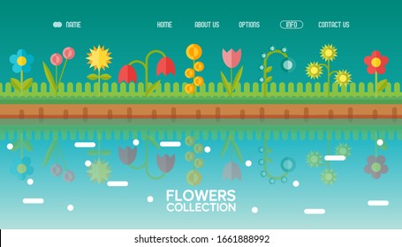 Spring flowers in flat style for website design, garden lawn reflection in water, vector illustration. Summer nature environment, different plants growing in field. Blooming meadow geometric cartoon