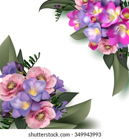 spring flowers, floral bacground of anemones, freesias, primroses for design of postcards, brochures, banners, flyers, clothing, textiles