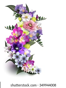 spring flowers, floral bacground of anemones, freesias, primroses for design of postcards, brochures, banners, flyers, clothing, textiles