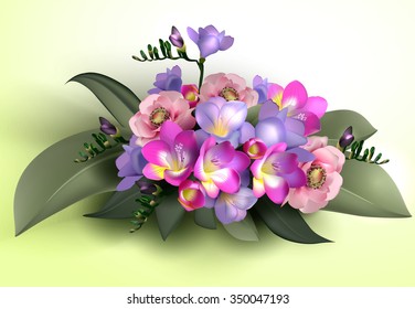 spring flowers, floral background of anemones, freesias, primroses for design of postcards, brochures, banners, flyers, clothing, textiles