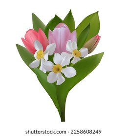 Spring flowers. Floral background. Tulips. Daffodils. Bouquet. Buton. Beautiful illustration.