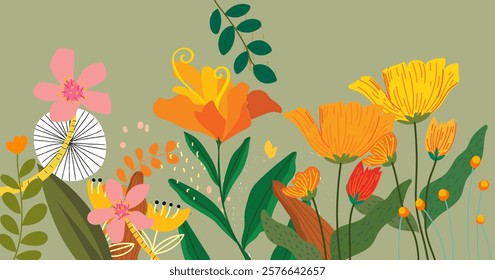 Spring flowers floral hand drawing wild plants  vector illustration. Colorful flowers border in flat style design for banner wallpaper and background.