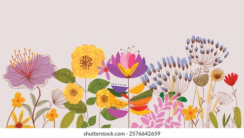 Spring flowers floral hand drawing wild plants  vector illustration. Colorful flowers border in flat style design for banner wallpaper and background.