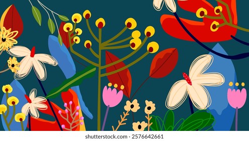 Spring flowers floral hand drawing wild plants  vector illustration. Colorful flowers border in flat style design for banner wallpaper and background.