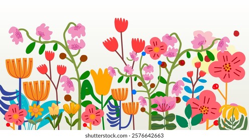 Spring flowers floral hand drawing wild plants  vector illustration. Colorful flowers border in flat style design for banner wallpaper and background.