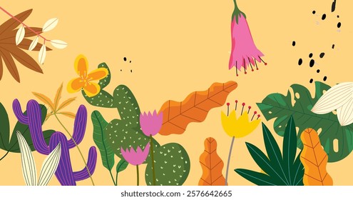 Spring flowers floral hand drawing wild plants  vector illustration. Colorful flowers border in flat style design for banner wallpaper and background.