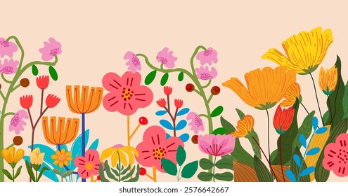 Spring flowers floral hand drawing wild plants  vector illustration. Colorful flowers border in flat style design for banner wallpaper and background.