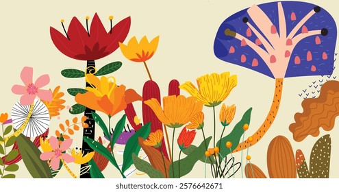 Spring flowers floral hand drawing wild plants  vector illustration. Colorful flowers border in flat style design for banner wallpaper and background.