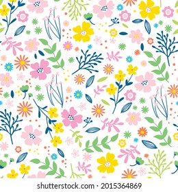 Spring Flowers Floral Seamless Repeat Pattern Vector Background Tile, leaf, Daisy, Pink, Yellow, Navy, Blue, Green, orange, for fashion textile fabric, print, scrapbooking, wall and wrapping paper