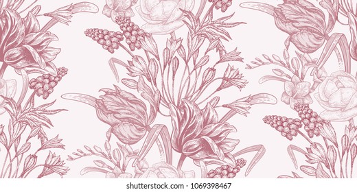 Spring flowers. Flower vintage seamless pattern. Oriental style. Tulips, buttercups, muscari, freesia, African lily. White and red. Background for textiles, paper, wallpaper.