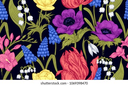 Spring flowers. Flower vintage seamless pattern. Oriental style. Tulips, buttercups, muscari, freesia, anemones, lily of the valley. Colorful plants on black background for textiles, paper, wallpaper.