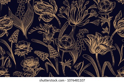 Spring flowers. Flower vintage seamless pattern. Oriental style. Tulips, buttercups, muscari, freesia, anemones, lily of the valley, snowdrops, African lily.
Gold and black luxury background.