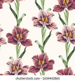 Spring flowers. Flower vintage seamless pattern. Oriental style. Tulips on beige background. Colorful backdrop for textiles, paper, wallpaper.