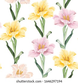 Spring flowers. Flower vintage seamless pattern. Oriental style. Tulips on white background. Colorful backdrop for textiles, paper, wallpaper.