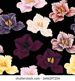 Spring flowers. Flower vintage seamless pattern. Oriental style. Tulips on black background. Colorful backdrop for textiles, paper, wallpaper.