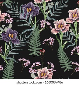 Spring flowers. Flower vintage seamless pattern. Oriental style. Tulips and herbs on black background. Colorful backdrop for textiles, paper, wallpaper.