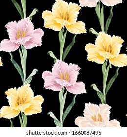 Spring flowers. Flower vintage seamless pattern. Oriental style. Spring  tulips on black background. Colorful backdrop for textiles, paper, wallpaper.