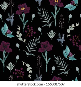Spring flowers. Flower vintage seamless pattern. Oriental style. Tulips and herbs on black background. Colorful backdrop for textiles, paper, wallpaper.