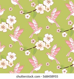 Spring flowers and flying birds seamless pattern. Apple tree blossom.