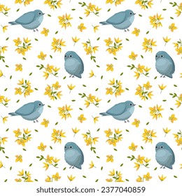 Spring flowers forsythia birds pattern