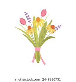 Spring flowers. Fragile field blooms. Mixed floral summer plants, stems composition. Gentle simple blossomed wildflowers. Abstract botanical flat vector illustration isolated on white background