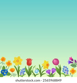 Spring flowers frame blue background with copy space. Blooming cartoon plant border for cute springtime design. Bright nature spring blooms backdrop. Snowdrop, daffodil, tulip, crocus, primrose.