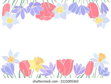Spring flowers frame with daffodil, crocus, and tulip flowers
