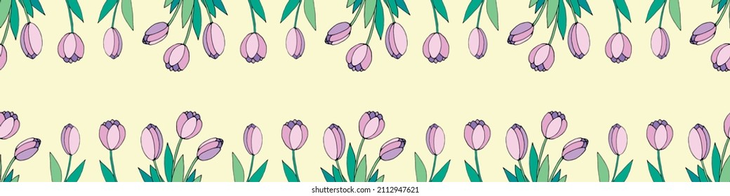 Spring flowers. Frame from outline tulips. Vector doodle hand drawn isolated. Horizontal top and bottom edging, border, decoration for greeting card, invitation, Valentine's, Women's or Mother day