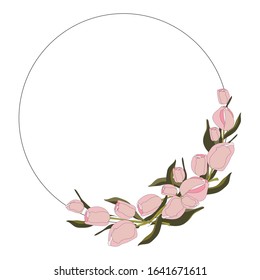 Spring flowers. Frame from pink tulips with green leaves isolated on white background. Valentine's or Mother day background.