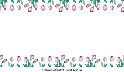 Spring flowers. Frame from pink tulips. Vector doodle hand drawn isolated. Horizontal top and bottom edging, border, decoration for greeting card, invitation, Valentine's, Women's or Mother day