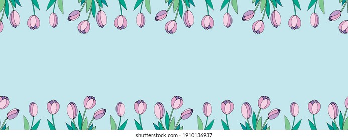 Spring flowers. Frame from pink tulips. Vector doodle hand drawn isolated. Horizontal top and bottom edging, border, decoration for greeting card, invitation, Valentine's, Women's or Mother day