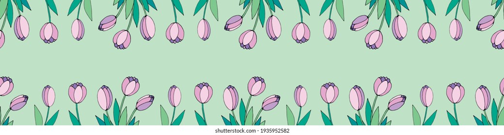 Flores de primavera. Marco de tulipanes rosados. Doodle vectorial dibujado a mano aislado. Borde horizontal superior e inferior, borde, decoración para la tarjeta de saludo, invitación, San Valentín, Día de la Mujer o de la Madre