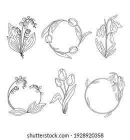 Spring flowers and frames. Vector set on an isolated background. Hand-drawn contour tulips, snowdrops, lilies of the valley. Decorative elements for creating postcards, labels, and decor.