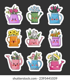 Spring flowers in the funny watering can. Sticker Bookmark. Cute springtime. Garden kawaii characters. Hand drawn style. Vector drawing. Collection of design elements.