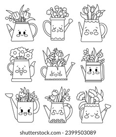 Spring flowers in the funny watering can. Coloring Page. Cute springtime. Garden kawaii characters. Hand drawn style. Vector drawing. Collection of design elements.