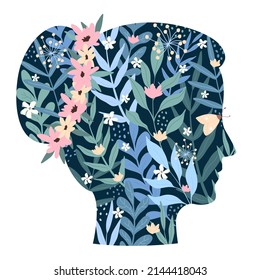 Spring flowers from garden, butterfly and leaves inside abstract girls head. Cartoon young woman with healing ideas and positive thought flat vector illustration. Ecology, mental health concept