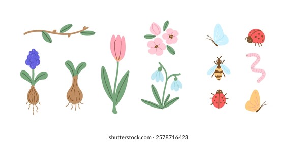 Spring Flowers and Garden Insects Hand Drawn Illustration. Naive Art Illustration. 