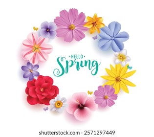 Spring flowers garland clipart design. Hello spring greeting text with colorful wreath flower like daisy, sunflower, chamomile and crocus beautiful bouquet clip art. Vector illustration season 