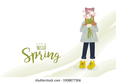 Spring flowers. Girl with a bouquet. Vector illustration