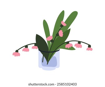 Spring flowers in glass vase. Gentle wildflowers, floral branches with blooms, leaves, cut stems. Field blossoms, nature decoration for home. Flat vector illustration isolated on white background