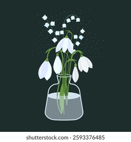 spring flowers in a glass vase with water. Lily of the valley and snowdrop.