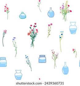 Spring flowers in glass vases, seamless pattern. Fragile floral stems and branches, repeating print. Summer blooming plants. Endless background for wrapping and textile, fabric, and wallpaper. Hand