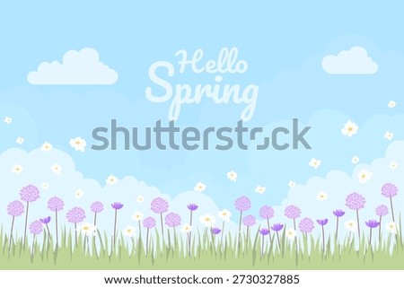 Spring flowers and grass against a blue sky with clouds. Green grass with cute, bright spring flowers, blue sky, and clouds. Vector illustration of spring nature.